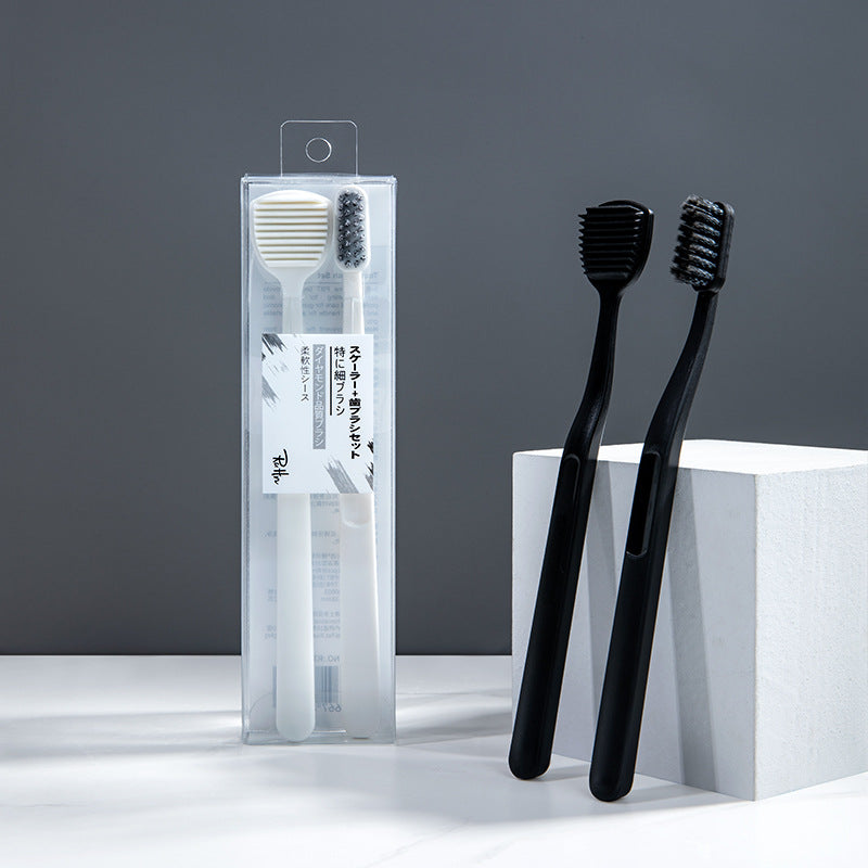 3PS New Adult Toothbrush Tongue Coating Cleaner Tongue Scraper Black And White Soft Spiral Hair to Tongue Coating And Bad Breath Two Packs