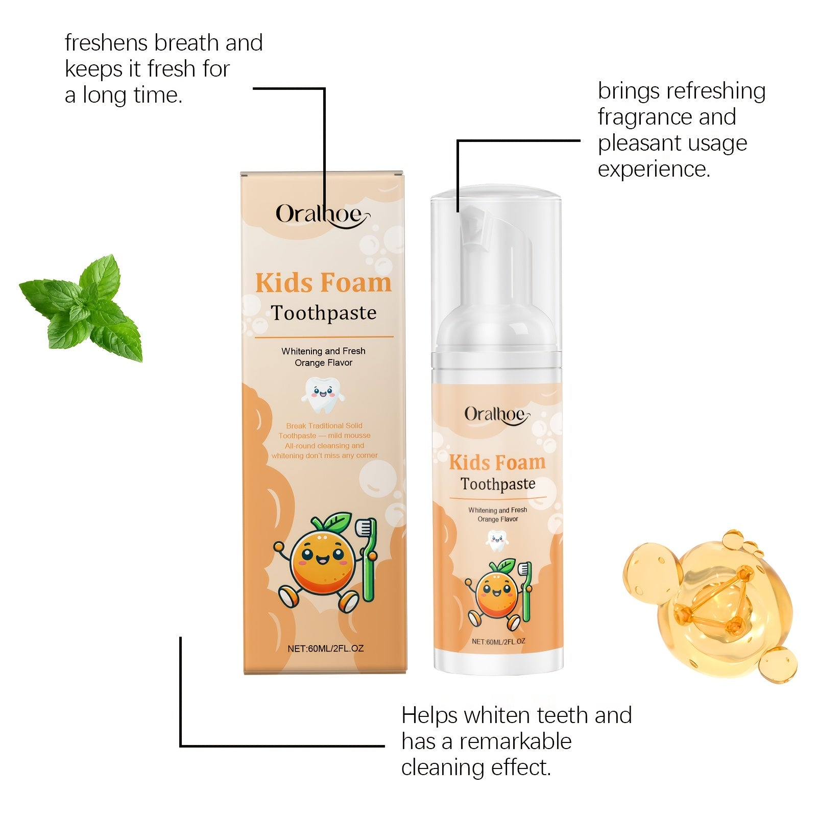 Oralhoe Toothpaste Gel Mousse - Gentle & Stain Remover, Press-to-Apply Formula for Sensitive Gums, & 's Dental Care, Non-Toxic Toothpaste (No Harsh Chemicals) - Travel-Friendly Tube