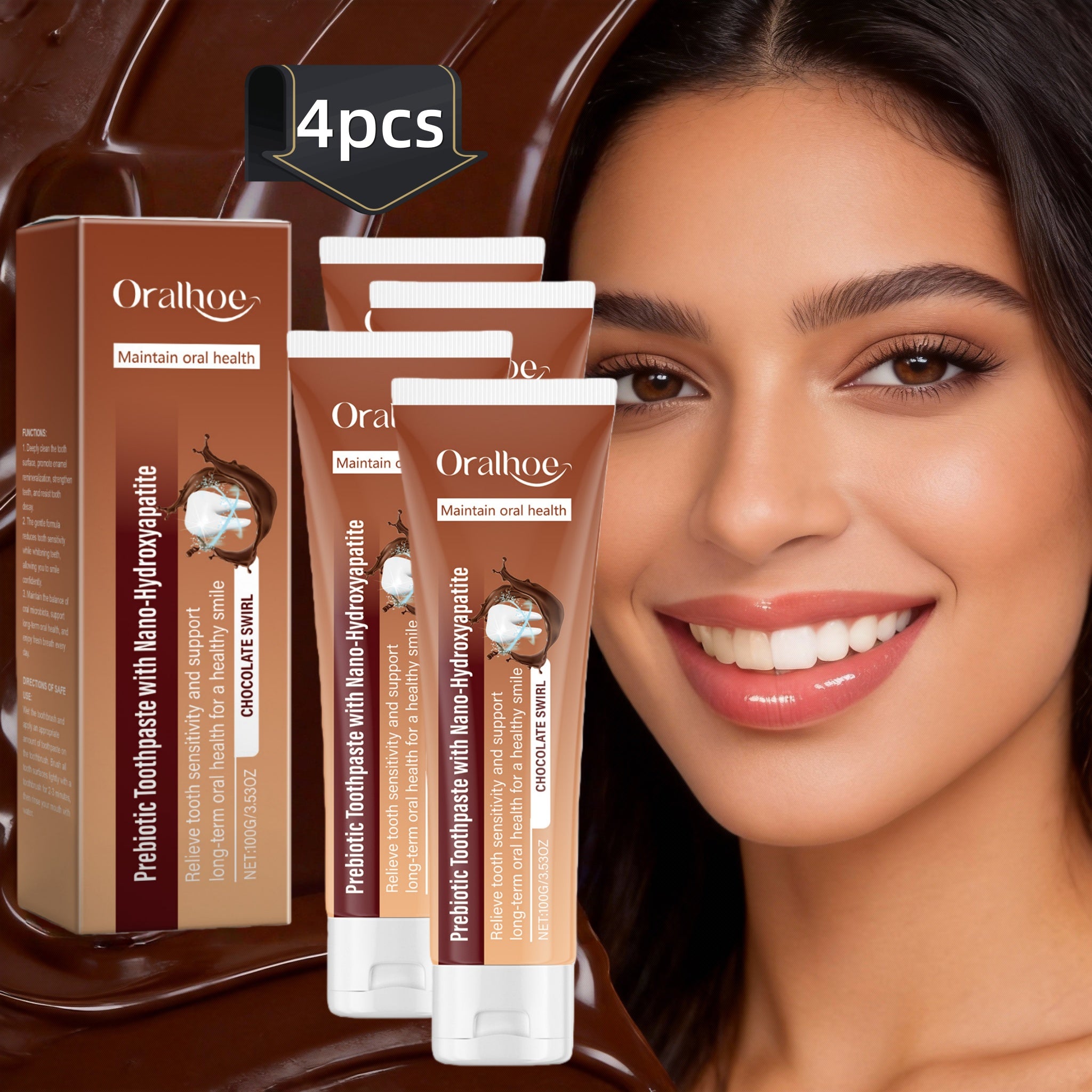 4pcs Oralhoe Chocolate Flavor Toothpaste, Oral Care& Teeth Cleansing, Plaque& Odor Removal& Teeth