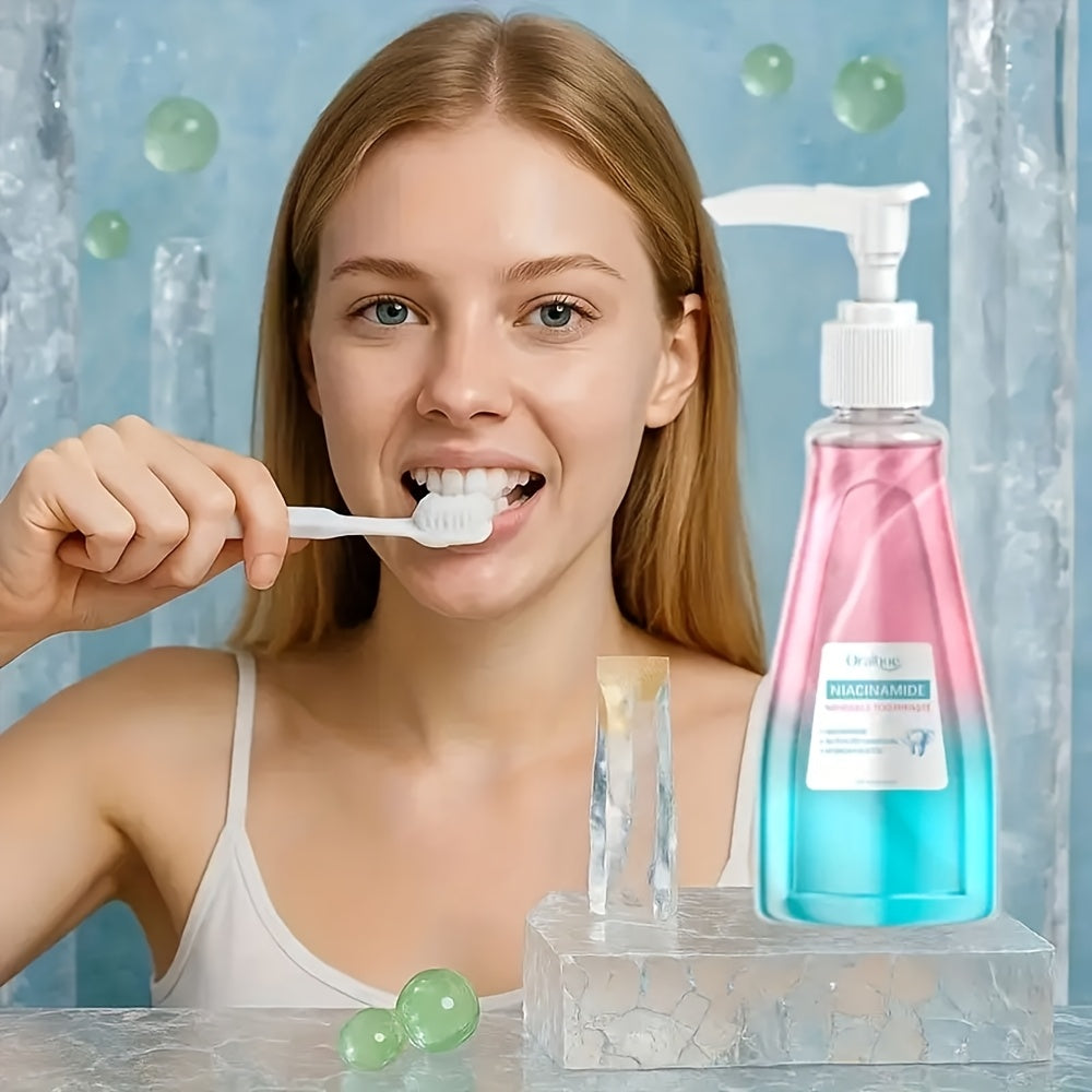 Toothpaste with Niacinamide, Breath Freshening Formula, Eliminates Plaque, Maintains Fresh Breath, Daily Oral Care, High-Quality Ingredients, Crucial for Hygiene, Family-Friendly Care, Gel Texture, Blue And Pink Packaging